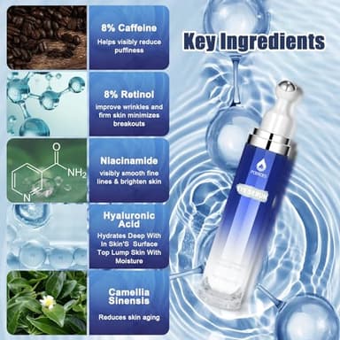 Eye Serum with 8% Caffeine 8% Retinol Hyaluronic Acid Niacinamide peptides for Puffy Bags Fine Lines Dark Circles Wrinkles, Under Eye Cream with 360° Roller Massage Ball, 0.5 fl. oz - Image 4