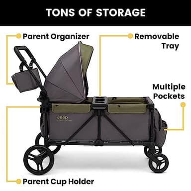 Jeep Sport All-Terrain Stroller Wagon by Delta Children - Includes Canopy, Parent Organizer, Adjustable Handlebar, Snack Tray & Cup Holders, Grey/Olive Green - Image 4
