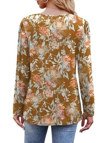 Womens Tops Long Sleeve Shirts Fleece Pullover Sweaters Fall Outfits Tunic Tops for Leggings Leaf Print Yellow Brown S - Image 5