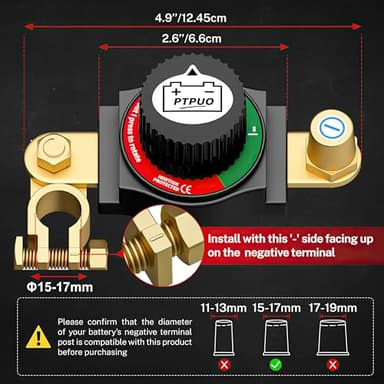 PTPUO Top Post Battery Disconnect Switch, Car Battery Disconnect Switch, 12V-48V Battery Cut/Shut Off kit for Car RV Boat Truck ATV, Suitable for Negative Terminal, Flexible Installation Options - Image 2