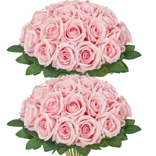 Serwalin 30pcs Artificial Roses Flowers, Pink Roses with Long Stems Realistic Fake Silk Roses Flowers for Wedding Bridal Bouquet Centerpieces Party Home Decor - Image 1