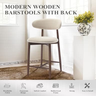 COLAMY Counter Height Bar Stools Set of 4, Kitchen Bar Stools with Back, Mid Century Modern Upholstered Bar Stools with Wood Legs for Kitchen Island Dining Room Bar, Beige - Image 6