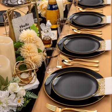 Supernal 350pcs Black & Gold Plastic Dinnerware Set, Elegant Black Plates with Golden Edges, Gold Plastic Silverware, Durable Tableware Perfect for Birthdays, Parties, Wedding, Celebration - Image 7
