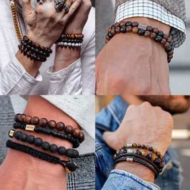 Tiger Eye Bracelet For Men 8MM Natural Stone Beads Bracelet Set Stretch Lava Rock Bracelets Adjustable Black Crystal Beaded Bracelet for Men Women Gifts - Image 2