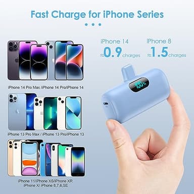 Mini Portable Charger for iPhone,Upgraded 5000mAh PD Fast Charging Battery Pack,LCD Display Cute Power Bank Portable Phone Charger for iPhone 14/14 Pro Max/13/13 Pro/12 Pro/11/XS/XR/X/8/7/6-Light Blue - Image 2