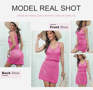 Dokotoo Bathing Suit Cover Ups for Women 2025 Trendy Summer Fashion Scoop Neck Sleeveless Spaghetti Straps Waist Crochet Hollow Out Knit Sexy Short Bikini Beach Dress Essentials Hot Pink Small - Image 5