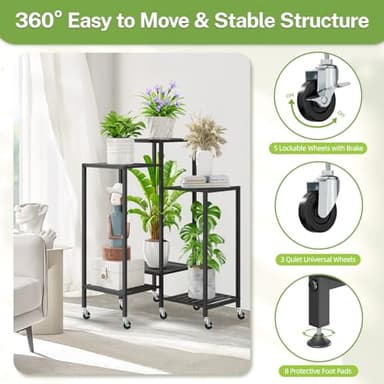 iDavosic.ly 6 Tier Plant Stand Indoor with Wheels, Metal Tiered Corner Flower Holder Shelf Outdoor for Large Pots, Tall Rolling Rack for Patio Porch Garden Balcony Living Room, Modern Black - Image 3