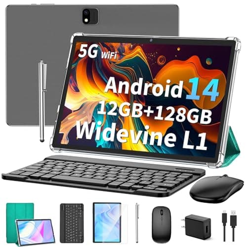JJGJ Android 14 Tablet with Keyboard, 12GB RAM (6+6), 128GB Storage, 1TB Expandable, 8000mAh Battery, 10 Inch 2-in-1 Tablets, Includes Case, Mouse & Stylus（Green Case） - Image 1