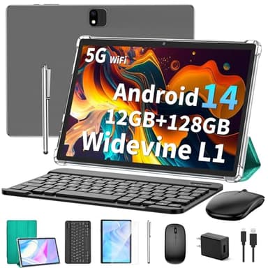 JJGJ Android 14 Tablet with Keyboard, 12GB RAM (6+6), 128GB Storage, 1TB Expandable, 8000mAh Battery, 10 Inch 2-in-1 Tablets, Includes Case, Mouse & Stylus（Green Case） - Image 1