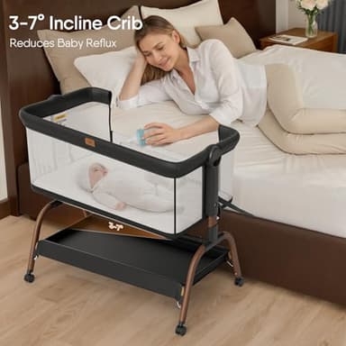 Baby Bassinet Bedside Crib, 3-in-1 Baby Bassinet Bedside Sleeper with Mattress and Soft, Breathable Sheet, Full-Mesh Sides, 6-Height Adjustable, Stable and Secure Crib for Newborns - Image 2