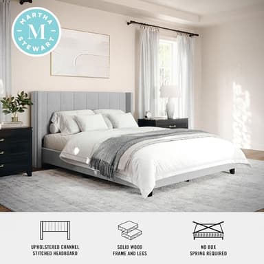 Martha Stewart Kay Low Profile Platform Bed with Wingback Headboard, Channel Stitched Faux Linen Upholstery, No Box Spring Needed, Queen, Gray - Image 4