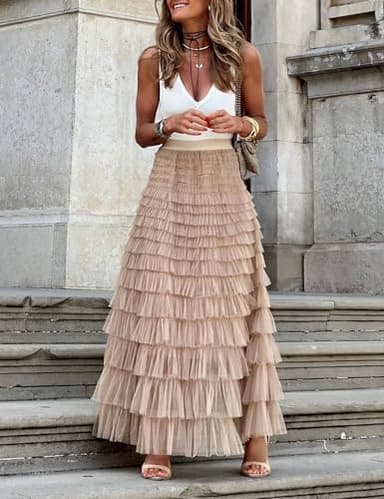 Flygo Women's Long Maxi Tulle Skirts A Line Ruffle High Waisted Tiered Layered Mesh Tutu Skirt Petticoat(Champagne-S) - Image 6
