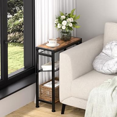 Small Side Table for Small Space, 3-Tier Narrow End Table with Magazine Holder,Slim Nightstand, Skinny Snack Couch Table in Living Room, Bedroom Study and Balcony (Rustic Brown &Black) - Image 2