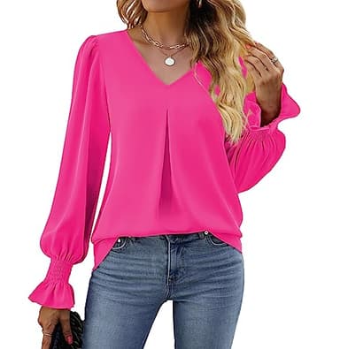 Funlingo Women Tops Dressy Causal Fashion Long Sleeve Chiffon Tunics Spring Loose Fit Work Blouse V Neck Office Shirt Clothing Rose Red XX-Large - Image 6
