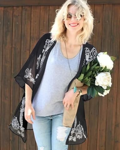 Summer Kimono Cardigan for Women Sheer Boho Tops Casual Open Front Swimwear Shirts Beach Cover ups (Caftan Black,XL) - Image 2