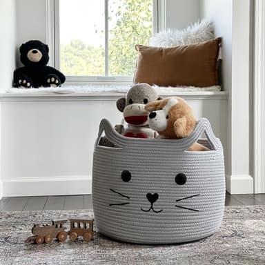 HiChen Large Woven Cotton Rope Storage Basket, Baby Laundry Basket Organizer for Towels, Blanket, Toys, Clothes, Gifts | Pet Gift Baskets for Cat, Dog - 15.7" L×11.8" H, Gray - Image 6