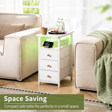 Yoobure End Table with Charging Station, LED Narrow Side Table Bedside Table, Small Night Stand End Tables Living Room, Skinny Nightstand with 3 Fabric Drawers, Side Tables Bedroom for Small Spaces - Image 3