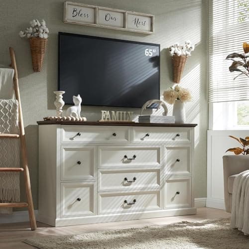 IFGET Farmhouse 9 Drawers Dresser for Bedroom, 60" Wide Wood Rustic Chest of Drawers, Large Storage Dressers Organizer for Bedroom, Living Room, Hallway, Dining Room-White - Image 1