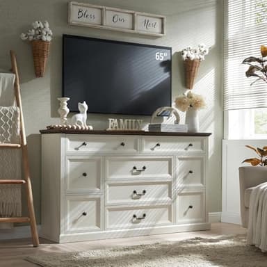 IFGET Farmhouse 9 Drawers Dresser for Bedroom, 60" Wide Wood Rustic Chest of Drawers, Large Storage Dressers Organizer for Bedroom, Living Room, Hallway, Dining Room-White - Image 1