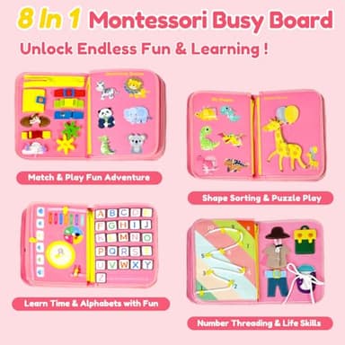 Qizfun Busy Board Book Montessori Toys for 1 2 3 4 Year Old, Girl Birthday Gifts, Educational Sensory Learning Toy for Toddlers 1-3, Car Airplane Travel Activities Toys for Kids Ages 2-4 Year Old - Image 3