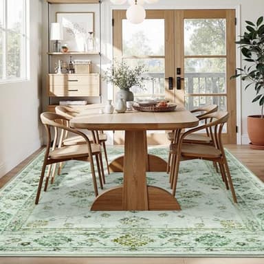 FinRèc 6x9 Rugs for Living Room, Washable Vintage Floral Bedroom Rug, Non-Slip Low Pile Area Rug, Ultra-Thin Foldable Accent Indoor Carpet for Kitchen Dining Room Kids Room Home Office - Green - Image 6