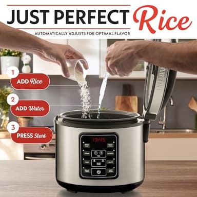 Gourmia Rice Cooker – 5 Qt Capacity, 20 Cup Cooked, 10 Cup Uncooked, Digital Controls, 6 Cooking Presets, Grain Cooker & Steamer, Nonstick Pot, Steam Tray, Delay Timer, Keep Warm, Stainless Steel - Image 2