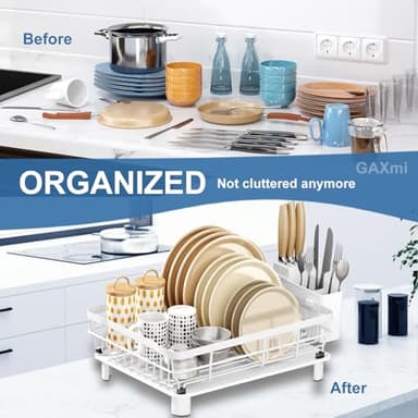 GAXmi Dish Drying Rack Over The Sink Dish Drainer with Drainboard Utensil Holder, 1-Tier White - Image 2