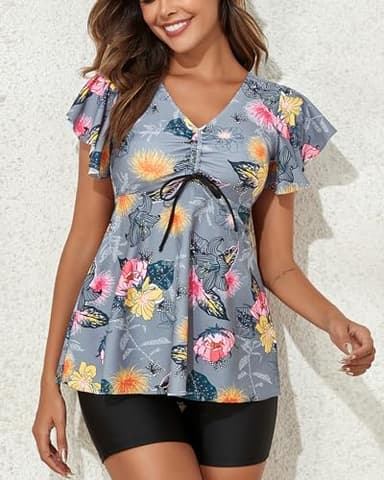 Fanuerg Women's Tankini Swimsuits Ruffled Flowy Tankini Tops with Boy Shorts Swimwear Tummy Control Two Piece Bathing Suits Light Grey Floral XXL - Image 2