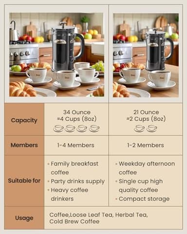 BAYKA French Press Coffee Maker, Large 304 Stainless Steel Coffee Press, Cold Brew Heat Resistant Thickened Borosilicate Coffee Pot for Camping Travel Gifts, 34 Ounce, Dark Pewter - Image 2