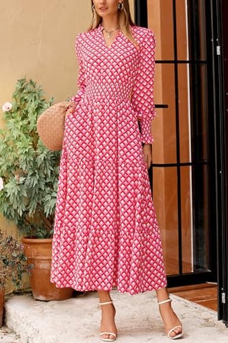 PRETTYGARDEN Women's Floral Maxi Dress 2025 Fall Long Sleeve V Neck Casual A Line Long Flowy Boho Party Dresses (Plaid Pink,Small) - Image 5