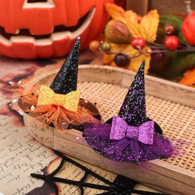 YanJie Halloween Headband for Infants Mini Witches Hat Glitter Nylon Headbands 3'' Witch Hats with Orange Baby Bow Stretchy Head Band for Baby Girls - Image 6