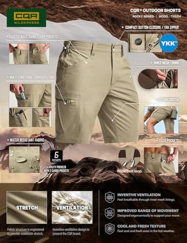 CQR Men's Quick Dry Stretch Hiking Cargo Shorts, Lightweight Water Resistant Tactical Casual, Golf & Outdoor with Pockets, Rocky Tan, 30W x 10L - Image 4