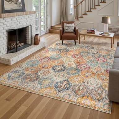 Lahome Moroccan 6x9 Rugs for Living Room, Soft Washable 6x9 Area Rug for Bedroom, Ultra-Thin Oriental Trellis Distressed Non Shedding Throw Large Carpet for Dining Room Office, Cream/Multi - Image 3