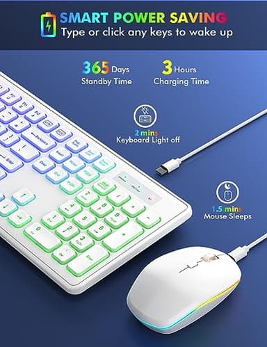 Wireless Keyboard and Mouse - RGB Backlit, Rechargeable & Light Up Letters, Full-Size, Ergonomic Tilt Angle, Sleep Mode, 2.4GHz Quiet Keyboard Mouse for Mac, Windows, Laptop, PC, Trueque(White) - Image 3