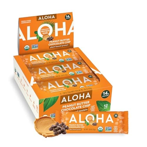 ALOHA Organic Plant Based Protein Bars |Peanut Butter Chocolate Chip | 1.98 Oz (Pack of 12) | Vegan, Low Sugar, Gluten Free, Paleo, Low Carb, Non-GMO, Stevia Free, Soy Free, No Sugar Alcohols - Image 1