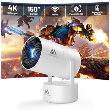 [Built-in Battery] Mini Projector with Wifi and Bluetooth, Rechargeable Portable Outdoor Smart Projector with Support 4K Decoding, Electric Focus Home Theater for Phone, White - Image 1