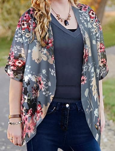 Women's Floral Print Puff Sleeve Kimono Cardigan Loose Cover Up Casual Blouse Tops (Dark Grey, S) - Image 3