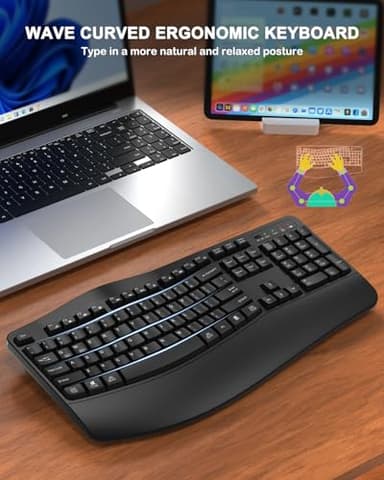 QUASIO Ergonomic Wireless Keyboard with Wrist Rest, Wave Keys, Comfortable Natural Typing, 2.4GHz Full Size Ergo Wireless Computer Keyboard for Multi-OS, Windows, Mac OS Laptop/PC/Notebook (Black - Image 2
