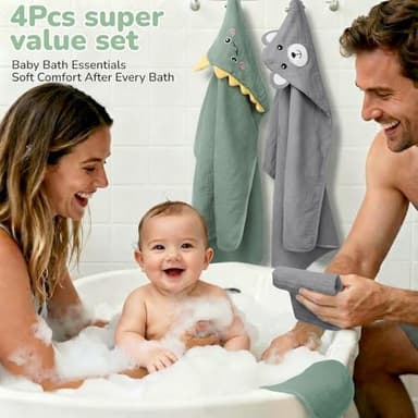 CandyHome 4 Pack Muslin Baby Towels for Newborn Set, 100% Cotton 2 Hooded Baby Bath Towels 32x32" with 2 Washcloths 10x10", Super Soft Absorbent Infant Toddler Bath Essentials Gifts, Dinosaur & Bear - Image 6