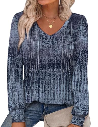 Alaroo Womens Long Sleeve Shirts 2025 Fall Winter Boho Tops Fashion Clothing Tunic Blouses Dressy Casual Pleated V Neck Print 13 XL - Image 1