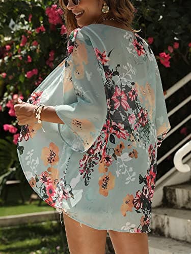 Chunoy Women Casual Plus Size Floral Print Short Sleeve Cardigan Loose Beach Wear Kimono Cover Up Blouse Tops 4X-Large Green - Image 5
