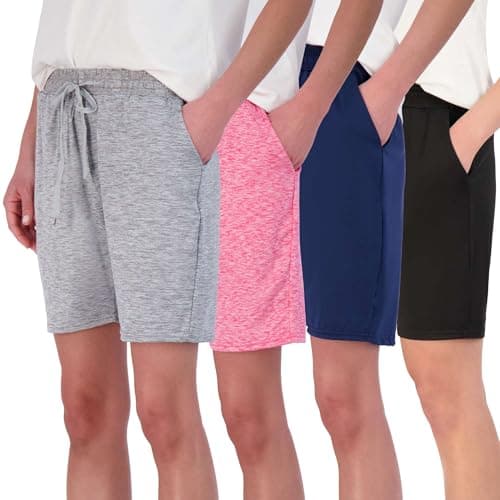 Real Essentials Womens Dry Fit 7 Inch Inseam Athletic Casual Lounge Fitness Gym Training Long Shorts High Waisted Running Bermuda Short Pockets Ladies Workout Bottoms Active, Set 3, XL, Pack of 4 - Image 1