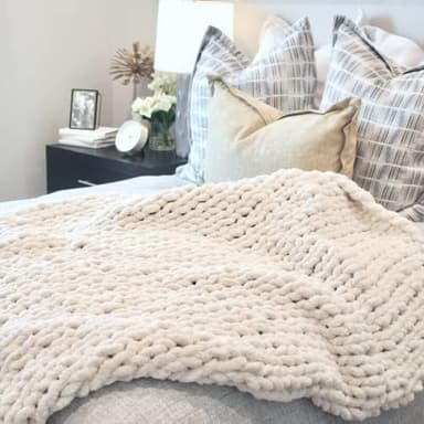 Adyrescia Chunky Knit Blanket Throw | 100% Hand Knit with Jumbo Chenille Yarn (50"x60", Cream White - Image 4