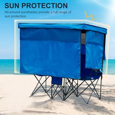 WTVIDAS Double Beach Chair with Canopy Shade Heavy Duty Camping Chairs with Cup Holder Folding Loveseat for Outside Lawn - Image 3