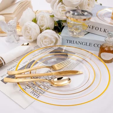 DaYammi 350PCS Clear Gold Plastic Dinnerware Set for 50 Guests, Fancy Disposable Plates for Party, Include: 50 Dinner Plates, 50 Dessert Plates, 50 Pre Rolled Napkins with Gold Silverware, 50 Cups - Image 2
