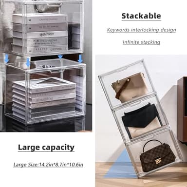 Clear Stackable Plastic Storage Bins with Magnetic Attraction Lid, Acrylic Box Display Case Showcase for Cosmetic, Large Figures Collectibles (4 Pack, X-Large) - Image 4