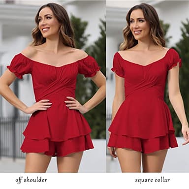Fixmatti Ladies Boat Neck Tie Back Chiffon Rompers Off Shoulder Ruffle Short Sleeve High Waist Short Jumpsuits Red XL - Image 5