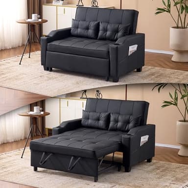 VINGLI Convertible Loveseat Sleeper, Black Faux Leather Futon Sofa Bed Pullout Couch Bed with USB Ports, Cup Holders, Armrest for Living Room, Bedroom, Home Office Apartment - Image 1