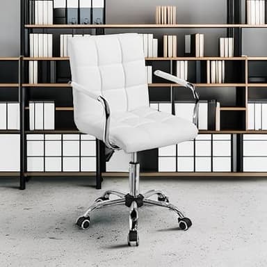 Yaheetech White Desk Chairs with Wheels/Armrests Modern PU Leather Office Chair Midback Adjustable Home Computer Executive Chair 360° Swivel - Image 5