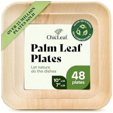 Chic Leaf Compostable & Biodegradable Palm Leaf Disposable Bamboo Plates - Disposable Party Plates for Appetizers - Camping Essentials - Reusable Party Supplies (10 & 7 Inch Square) - Image 1
